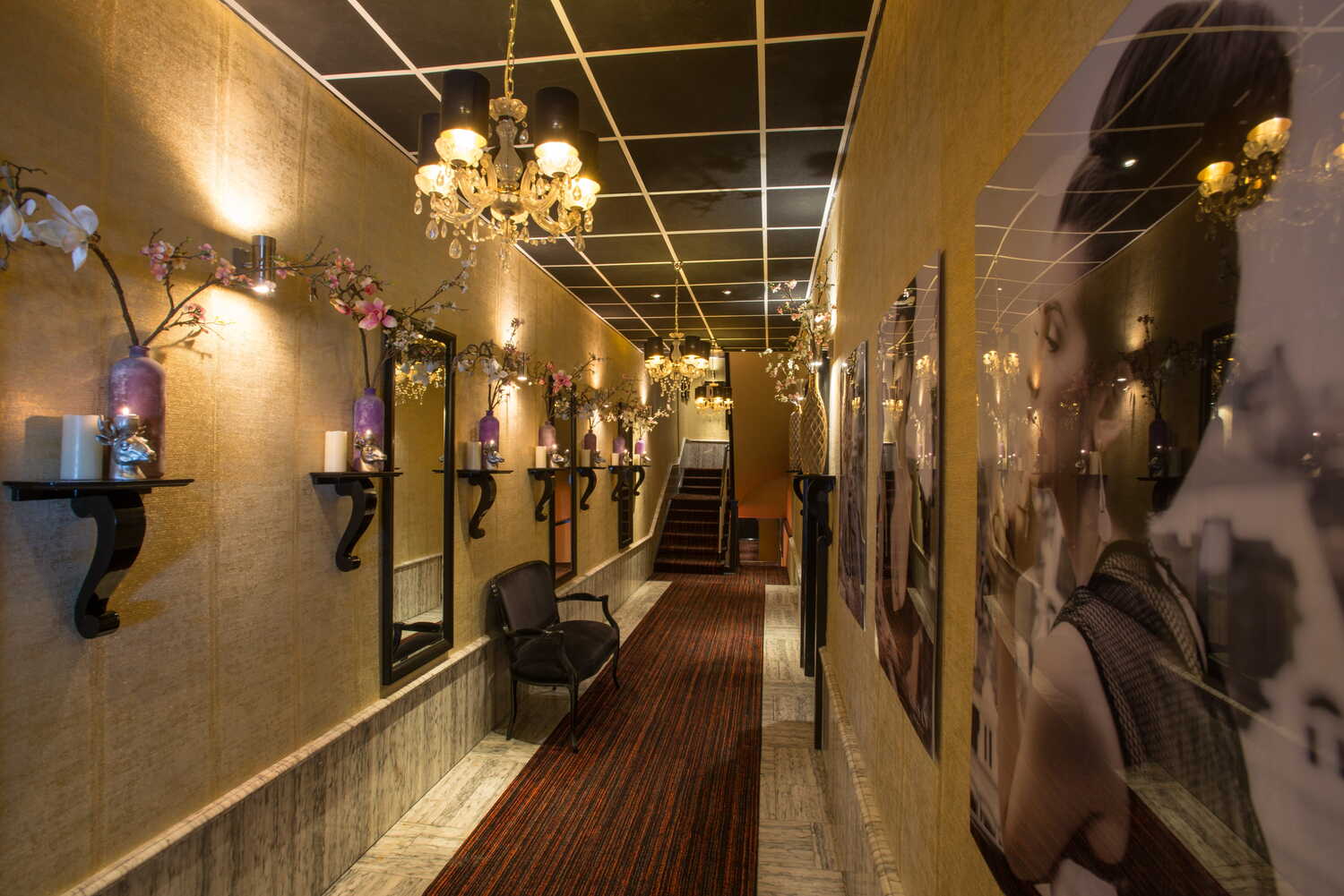 Elegant hotel hallway with warm ambient lighting